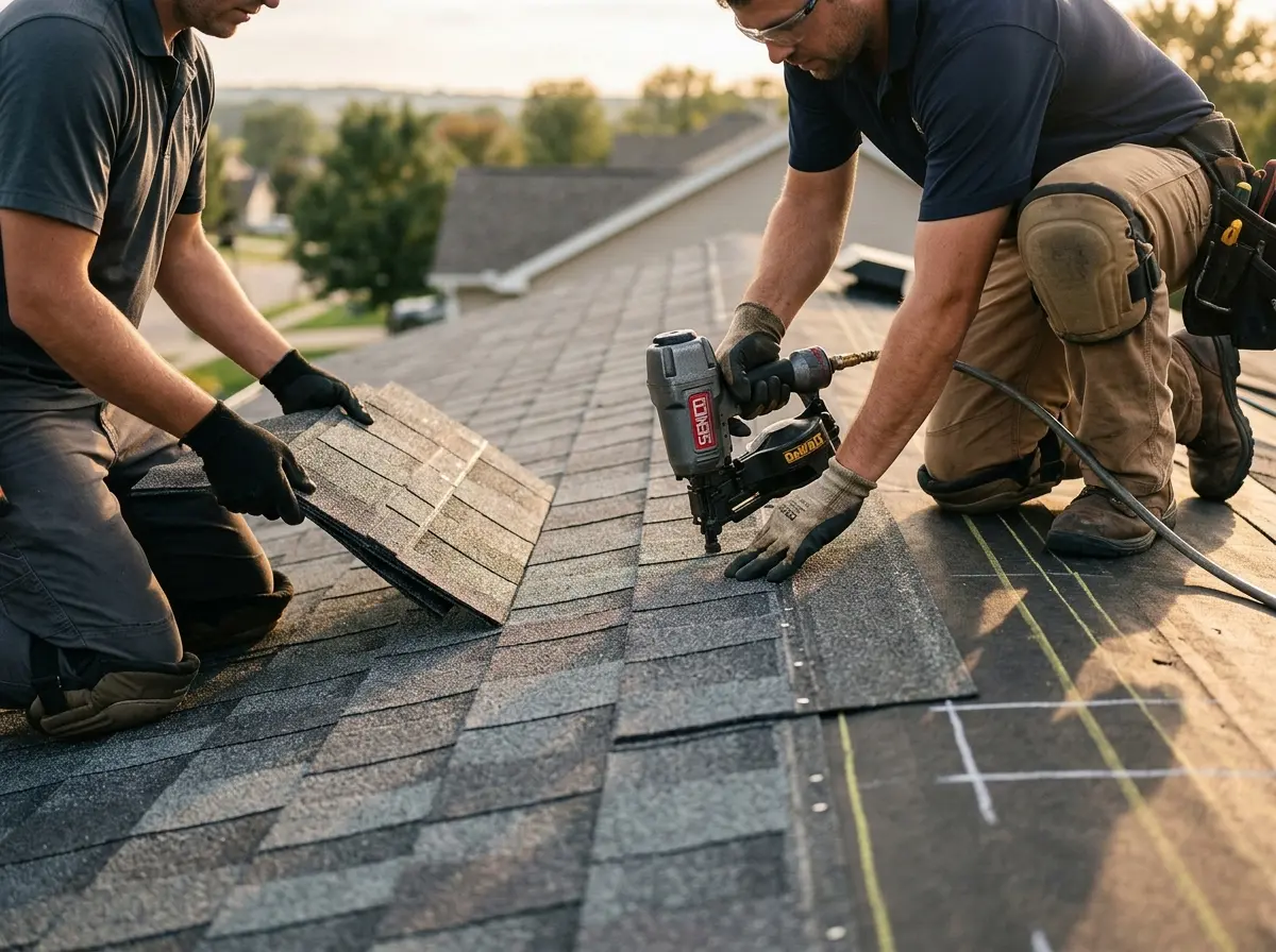 Professional roofer working on a residential roof in Canal Winchester